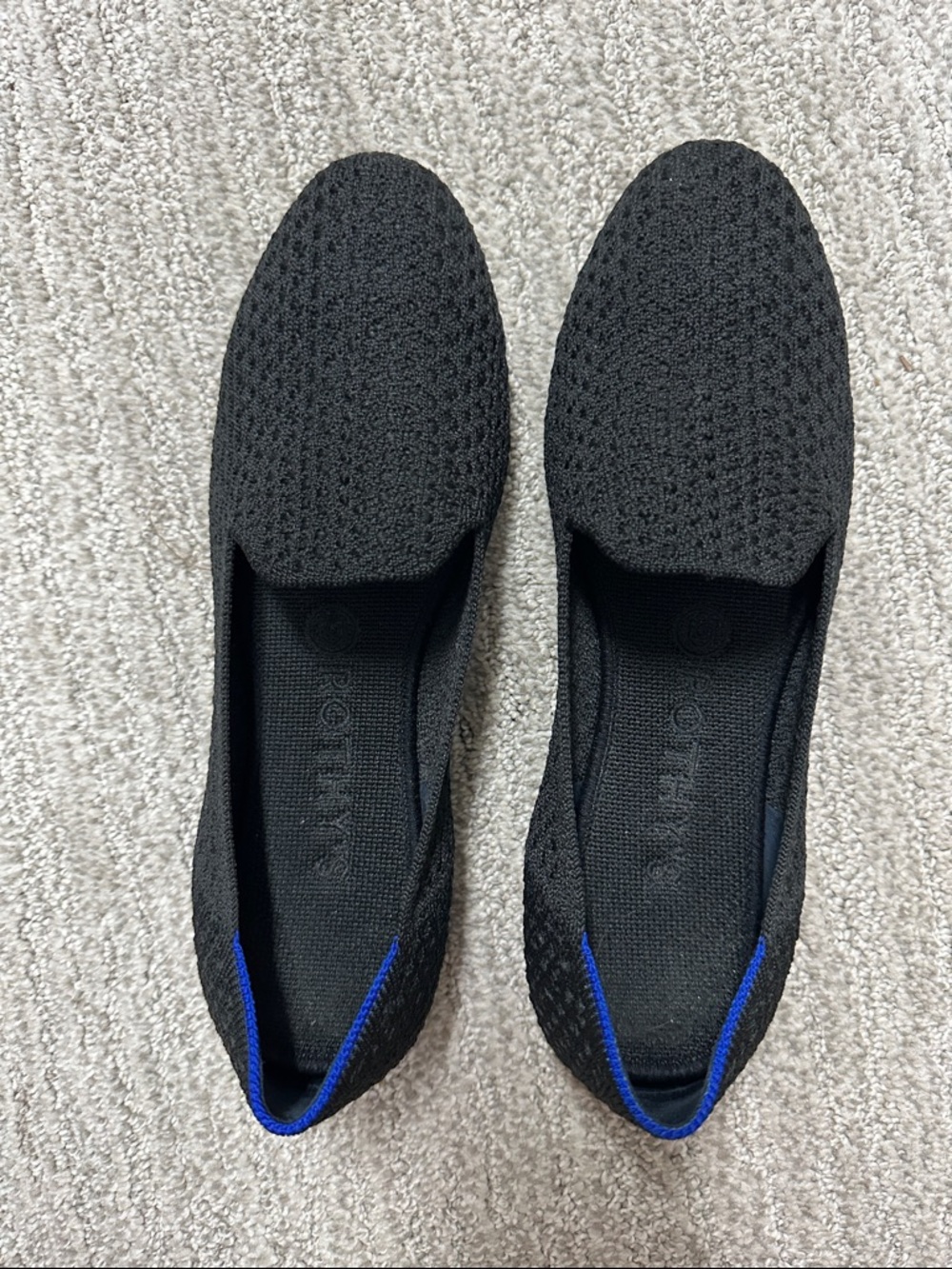 Rothy's Black Knit Slip-On Flats with Blue Trim